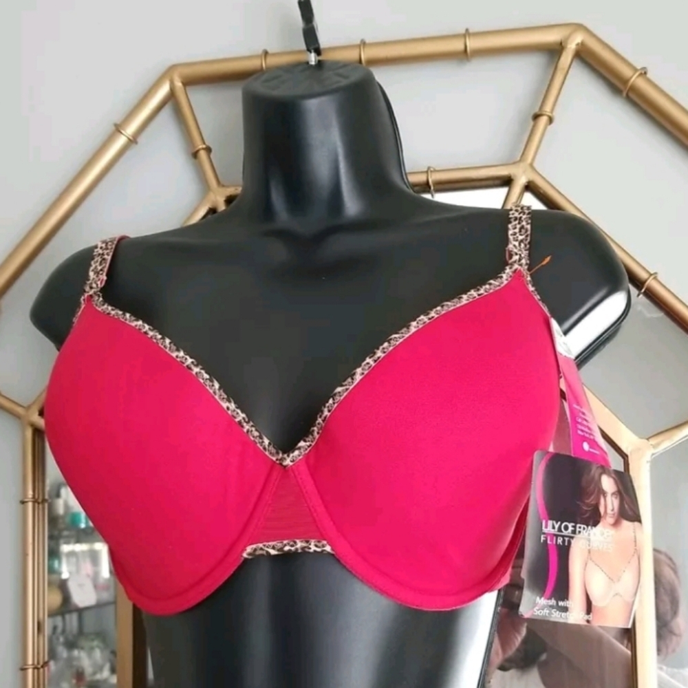 Lilly of France Padded Underwire Red & Leopard Print Trim NWT Sz. 34DD
